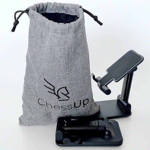 ChessUp phone stand and piece bag. Animation of bag in use.