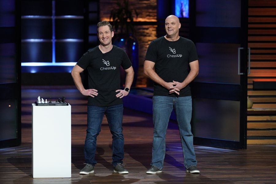 ChessUp founders Jeff and Adam on stage at the Shark Tank!