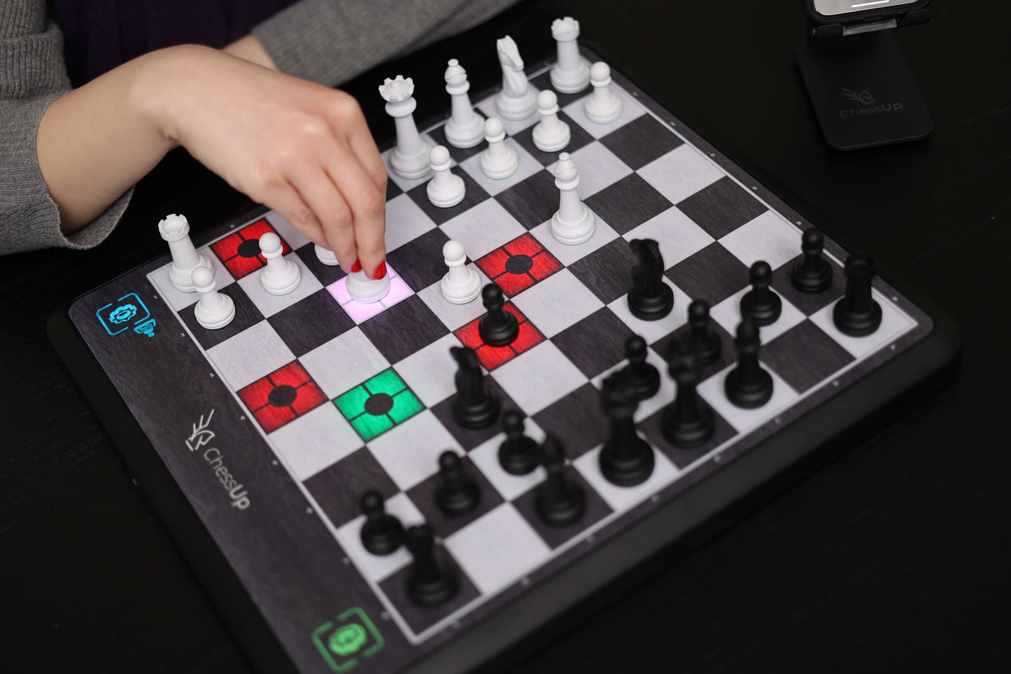  Bryght Labs - ChessUp - Electronic Chess Board - Built-in Chess  Engine and Instructor - Includes Chess Set TouchSense Pieces - Light Up  Chess Board - Features Wireless Play and Companion