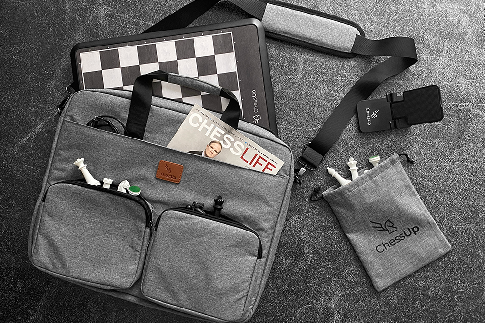 Premium ChessUp Carry Bag with multiple items. Top view.
