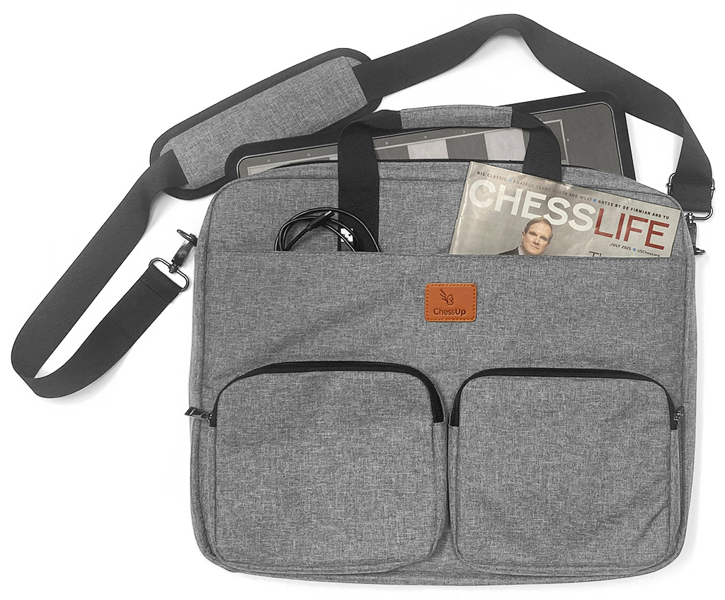 Premium ChessUp Carry Bag with multiple items inside. Front view.