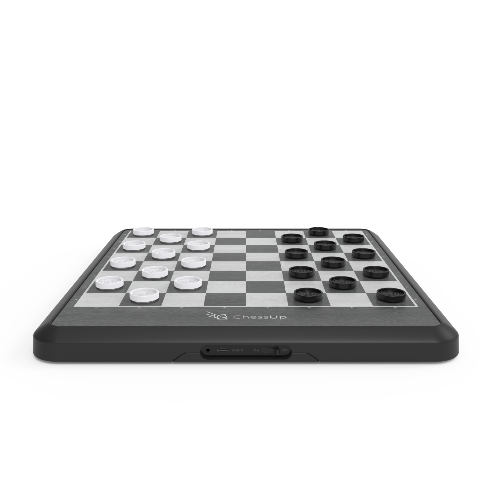 ChessUp Touchsense checkers pieces on top of the ChessUp board.